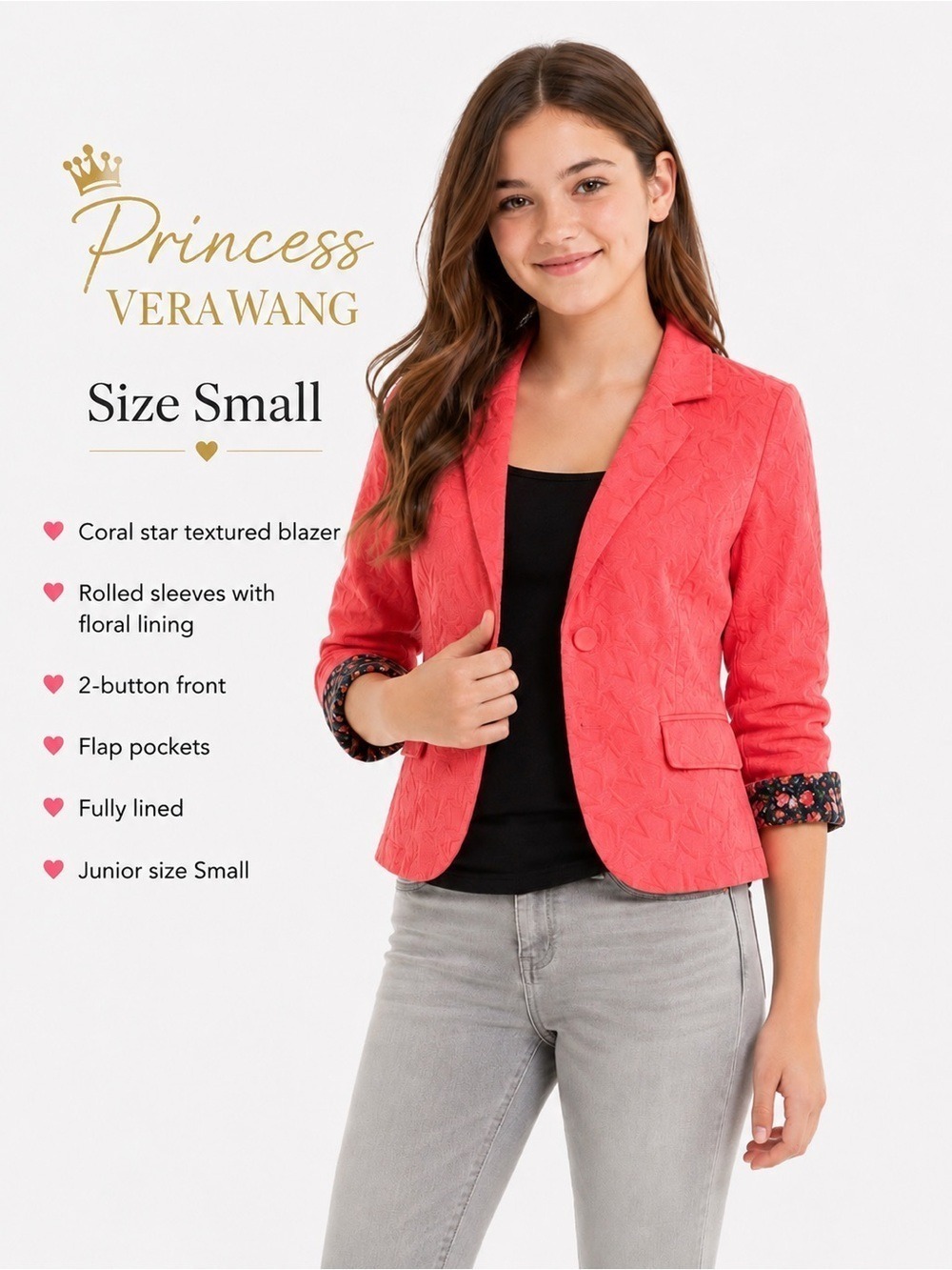 Princess Vera Wang Coral Textured Blazer Size Small Juniors Floral Cuff